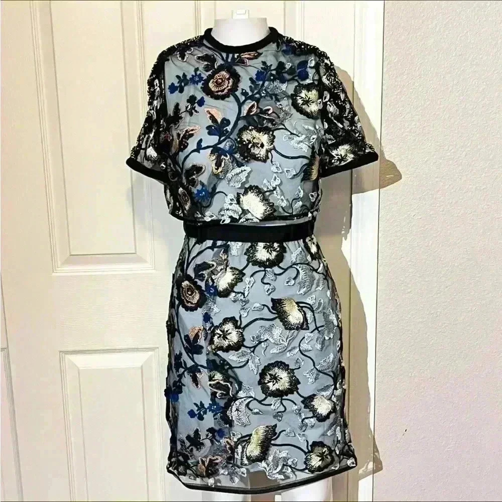 Self-Portrait Womens Florentine Embroidered Mesh Lace Floral Mini Dress US 2